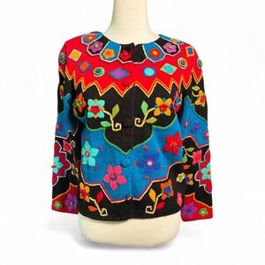 Michael Simon New York Floral Embroidered ‎ Knit Cardigan Sweater Small Boho VTG